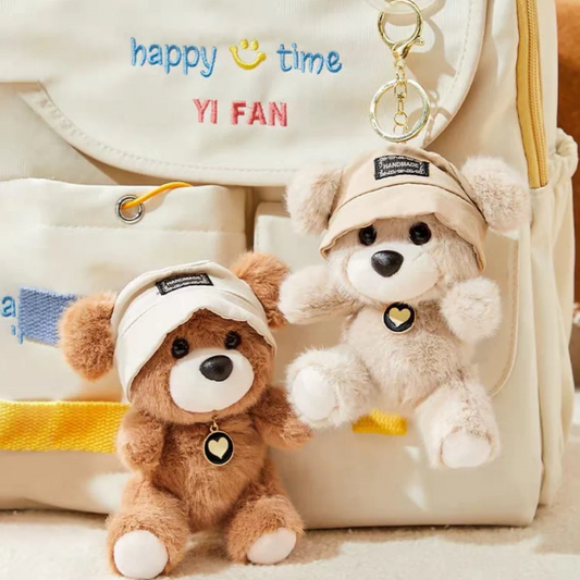 Cute Teddy Bear Plush Keychain with Cap – Soft Mini Teddy Bag Charm & Car Key Holder
