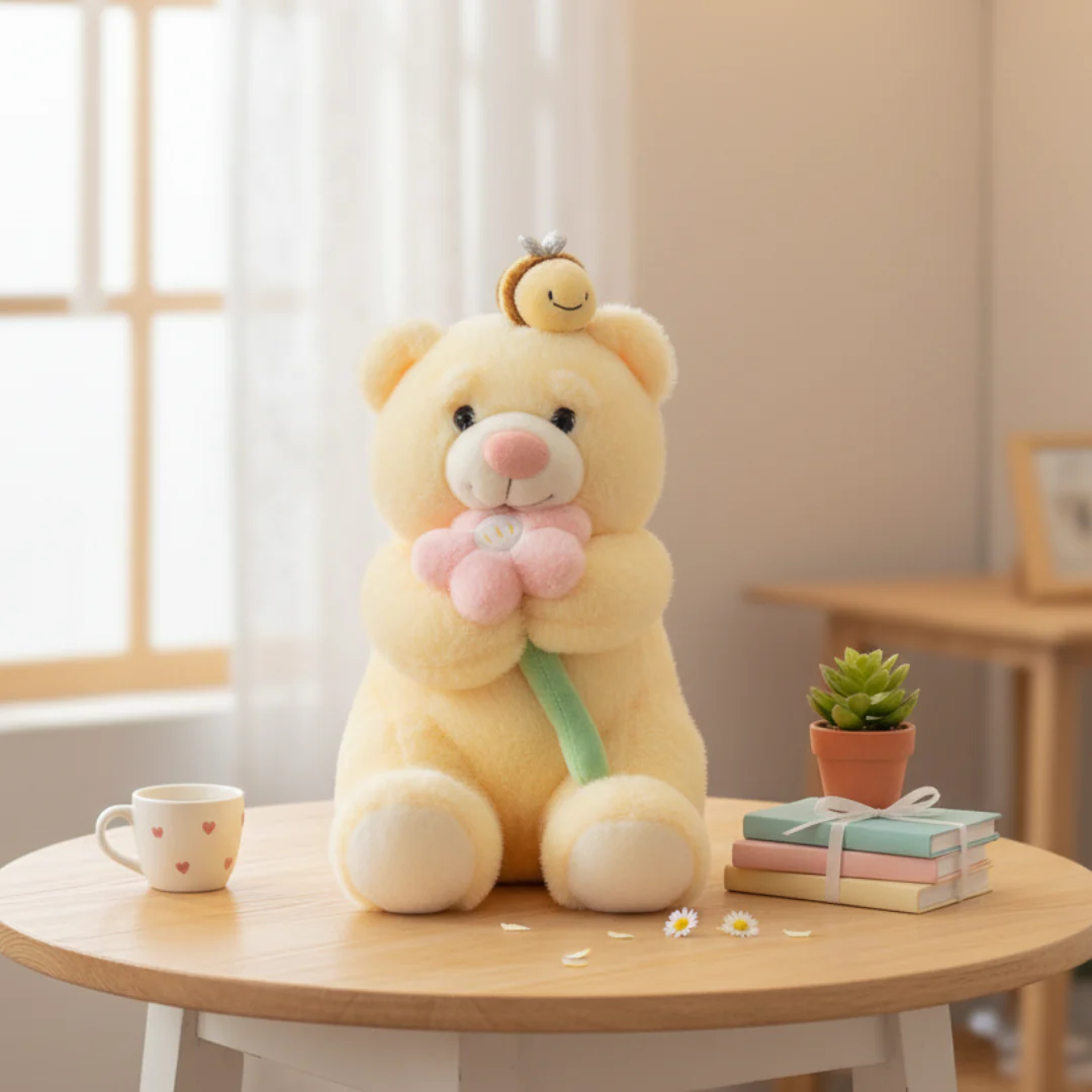 Cute Bear Soft Toy with Bee & Flower – Premium Teddy Bear Plush Doll for Kids & Gift