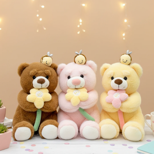 Cute Bear Soft Toy with Bee & Flower – Premium Teddy Bear Plush Doll for Kids & Gift