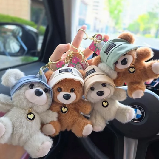 Cute Teddy Bear Plush Keychain with Cap – Soft Mini Teddy Bag Charm & Car Key Holder